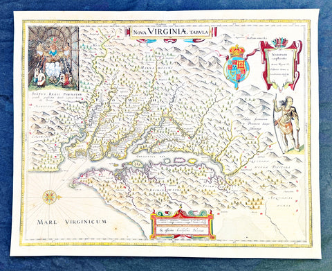 1642 Blaeu, Hondius & John Smith Antique Map of Virginia, America - Pocahontas