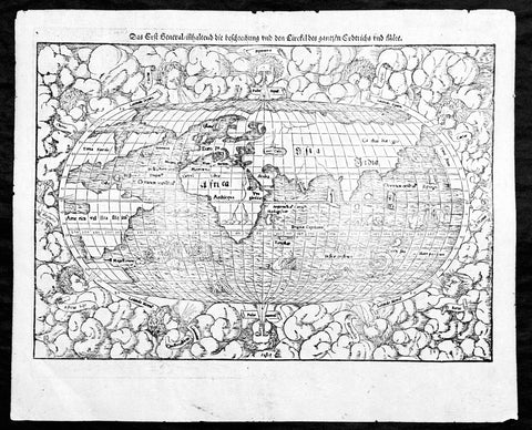 1550 Sebastian Munster Original Antique Oval World Map - 58 years after Columbus