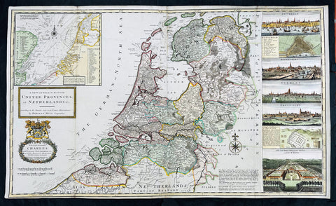 1720 Herman Moll Large Antique Map of The Netherlands - 7 x Town Plans Amsterdam