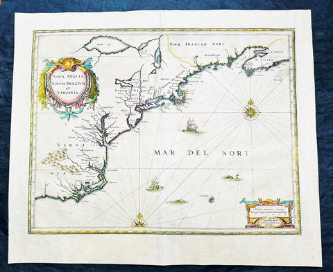 1639 Jan Jansson Antique Map of North America Virginia to New York to New England